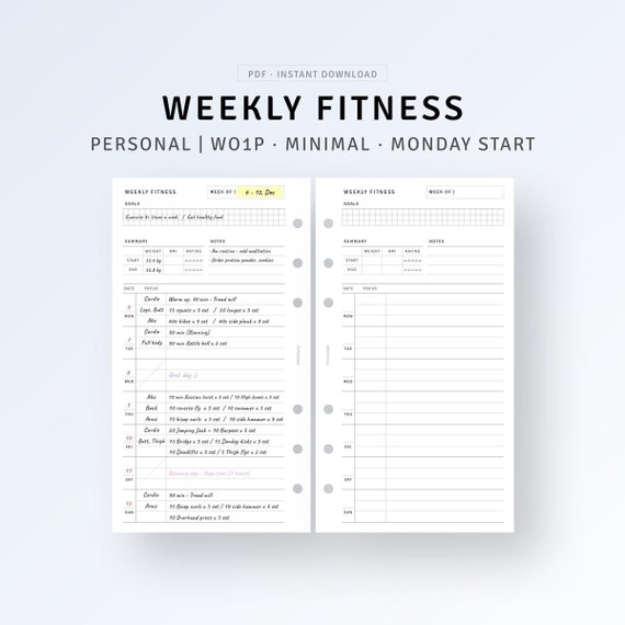 PERSONAL, Weekly Fitness Tracker Inserts Printable Workout Log Calendar Template, Weight Loss Tracker, Exercise Planner, Digital Download