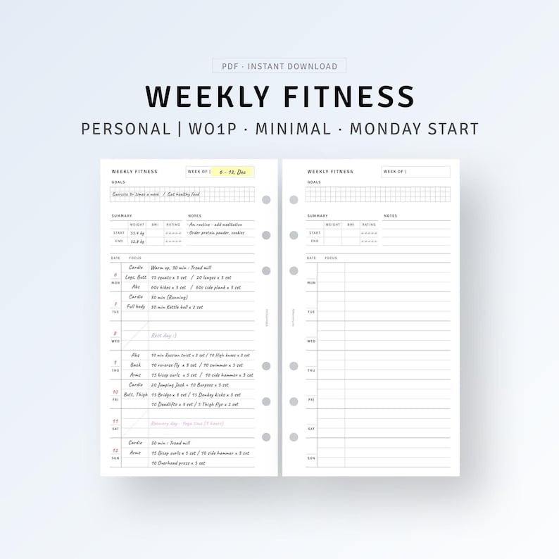 May include: A printable weekly fitness planner with a minimalist design. The planner includes sections for goals, notes, and daily workout tracking. The planner is designed for a Monday start and includes a week of the month and a week of the year.