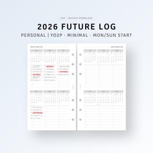 2026 Future Log Printable Personal Size Planner Inserts, Dated Year at a Glance, Minimalist Ring Planner Yearly Overview, Digital Download