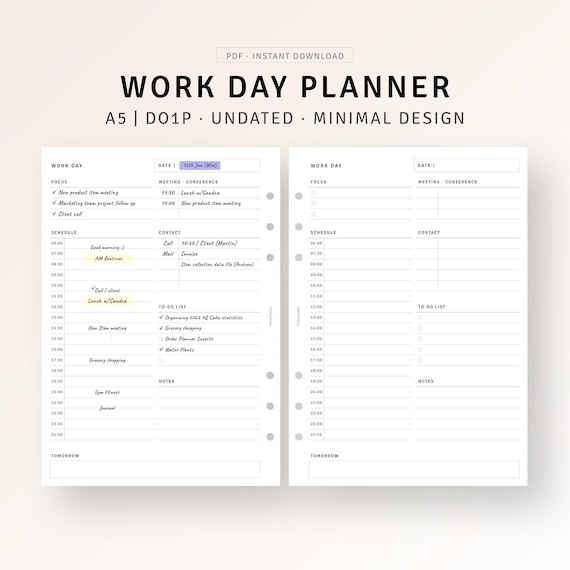 Work Schedule Template A5 Planner Printable Employee Daily Work Planner, Task Organizer, Business Planner, Productivity Planner PDF