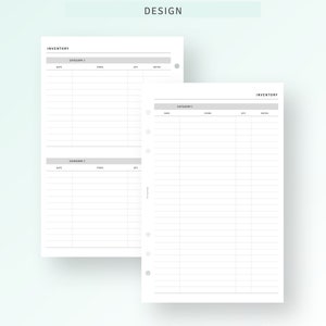 K&ouml;nnte beinhalten: Zwei druckbare Inventarbl&auml;tter mit dem Wort "INVENTORY" oben auf jeder Seite. Jede Seite hat Spalten f&uuml;r Datum, Kategorie, Artikel, Menge und Notizen. Die Seiten sind f&uuml;r die Verwendung mit einem Disc-gebundenen Planer konzipiert.