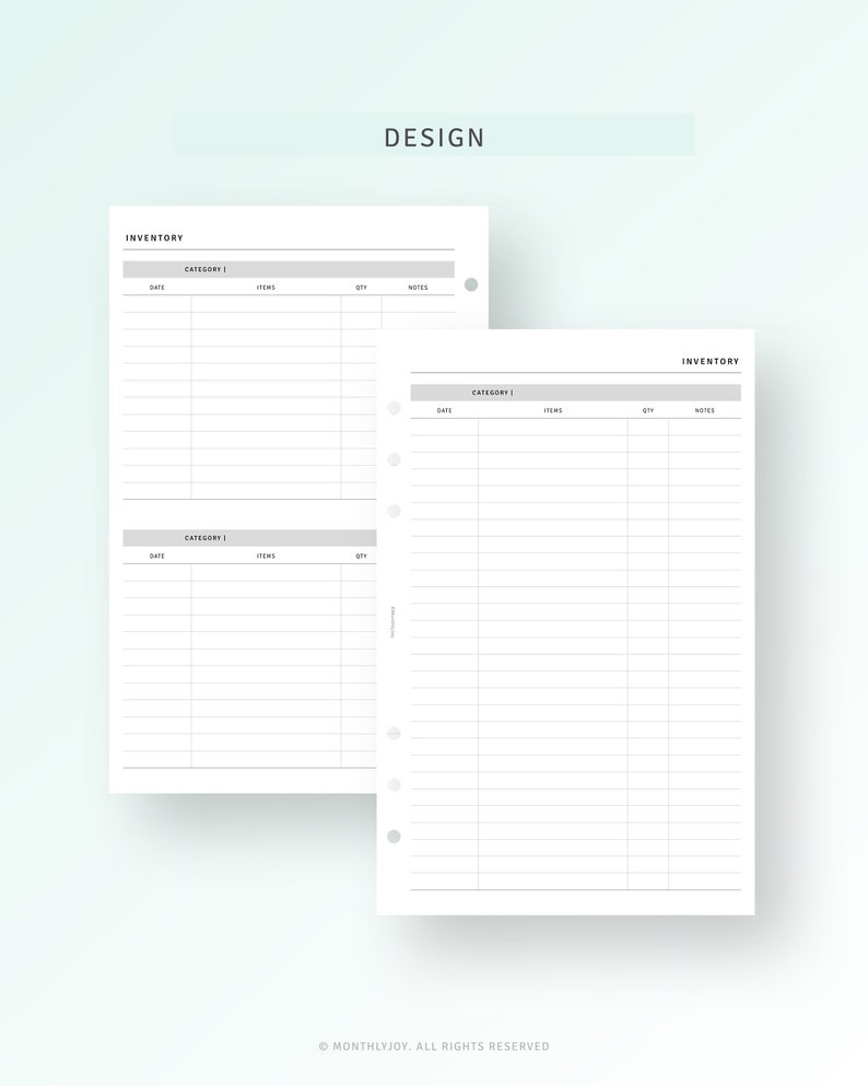 K&ouml;nnte beinhalten: Zwei druckbare Inventarbl&auml;tter mit dem Wort "INVENTORY" oben auf jeder Seite. Jede Seite hat Spalten f&uuml;r Datum, Kategorie, Artikel, Menge und Notizen. Die Seiten sind f&uuml;r die Verwendung mit einem Disc-gebundenen Planer konzipiert.