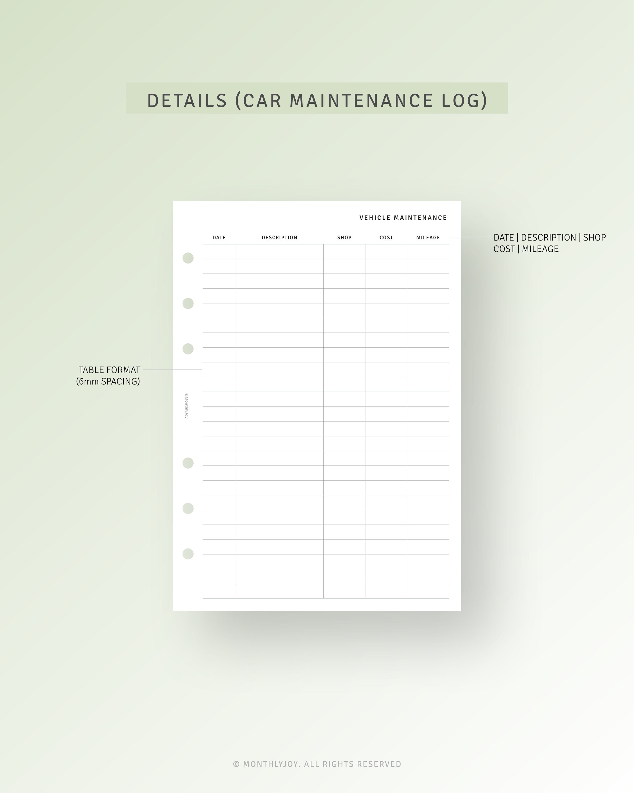 Car Maintenance Personal Wide Printable Vehicle Care Tracker - Etsy