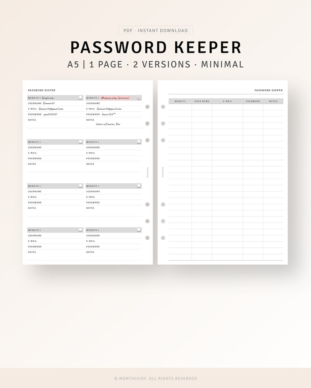 Password Tracker Printable A5 Planner Inserts, Website Login Username ...