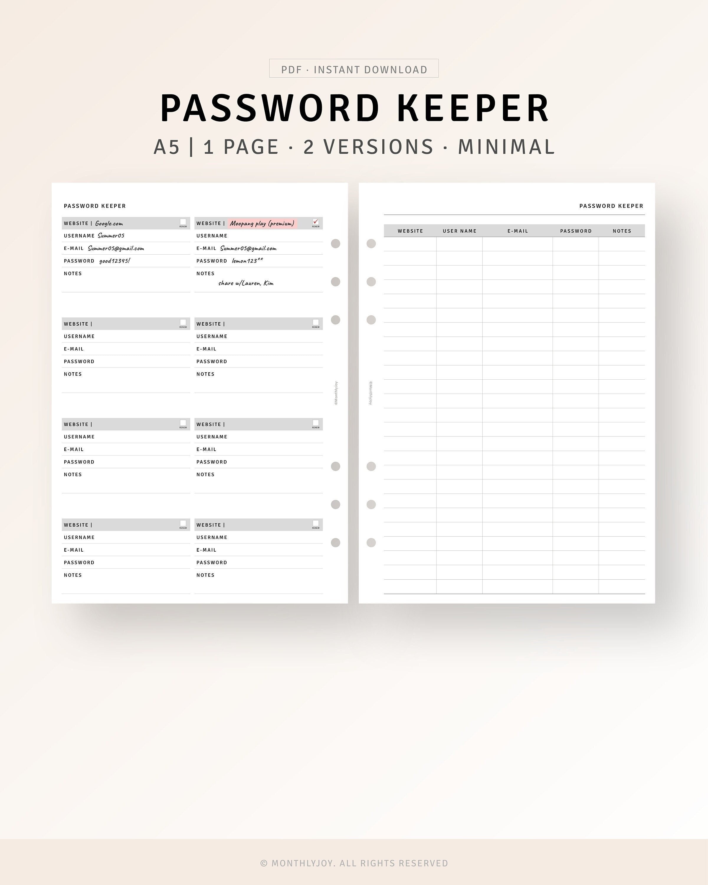 Password Tracker Printable A5 Planner Inserts, Website Login Username ...