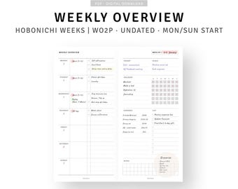 Weekly Overview Template Hobonichi Weeks Inserts Printable Undated Weekly Agenda Organizer, Productivity Planner, To do list, WO2P Layout