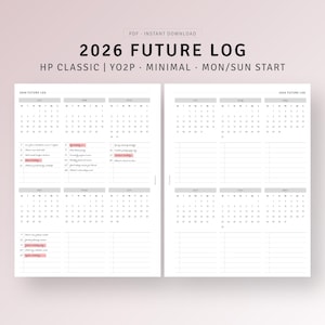 2026 Future Log Printable HP Classic Planner Inserts, Yearly Overview Calendar, Annual Agenda, Minimal Planner Pages, PDF Instant Download