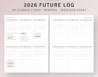 2026 Future Log Printable HP Classic Planner Inserts, Yearly Overview Calendar, Annual Agenda, Minimal Planner Pages, PDF Instant Download