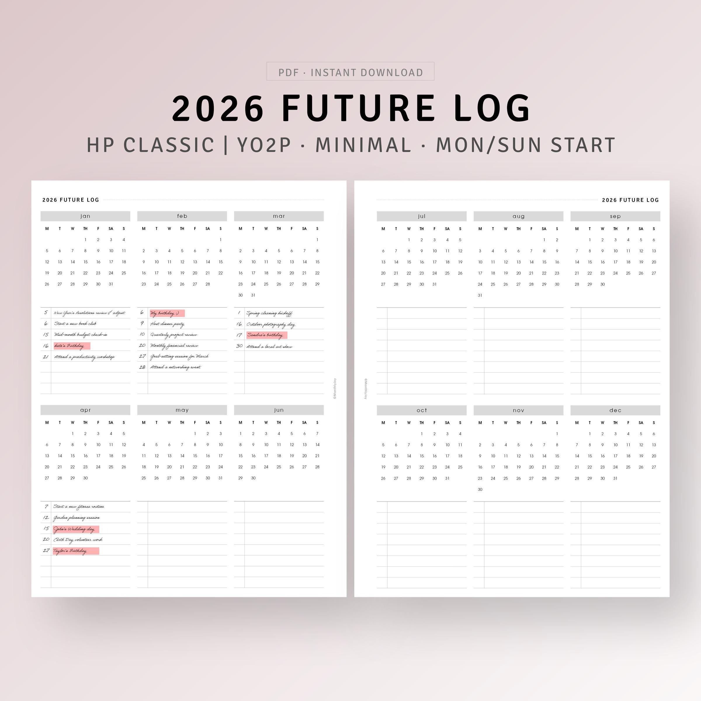 2026 Future Log Printable HP Classic Planner Inserts, Yearly