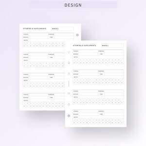 May include: A printable planner page for tracking vitamins and supplements. The page is divided into sections for item, dosage, purpose, time, and notes. The page is designed for use with a monthly planner.