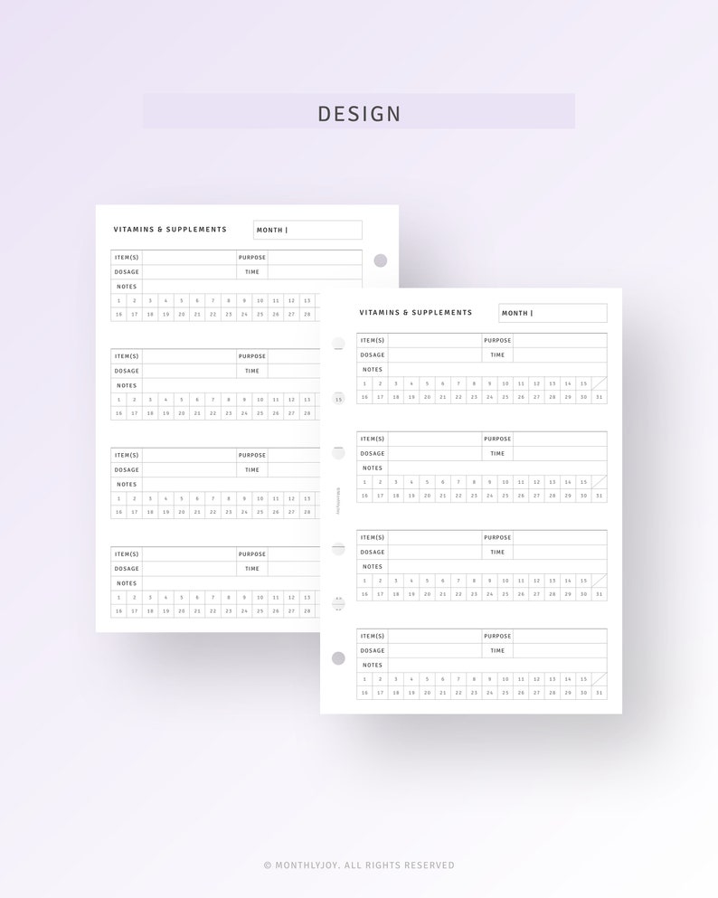 May include: A printable planner page for tracking vitamins and supplements. The page is divided into sections for item, dosage, purpose, time, and notes. The page is designed for use with a monthly planner.