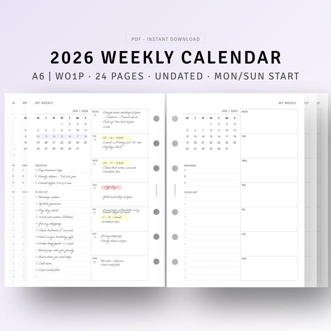 2026 Weekly Calendar A6 Planner Inserts Refills, Weekly Agenda Overview ...