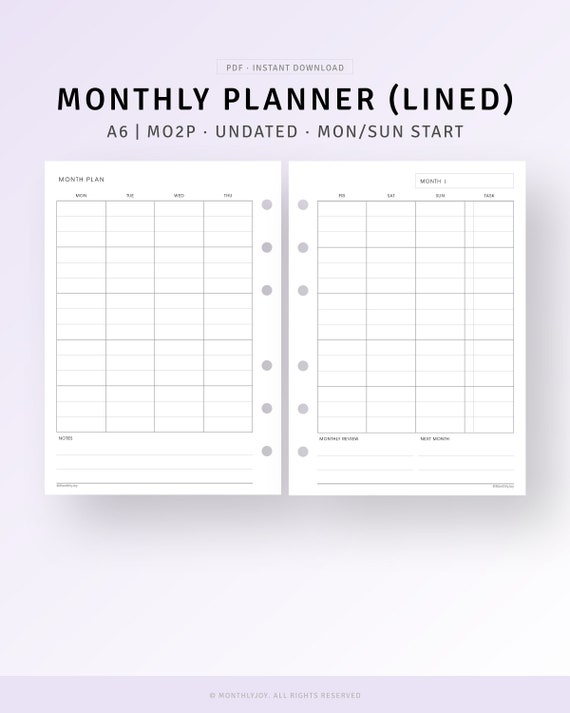 Undated Monthly Planner Pdf A6 Inserts Printable, Monthly Template, Month on Two Pages, Monthly Calendar Sheet, to Do List, Monthly Layout - Etsy