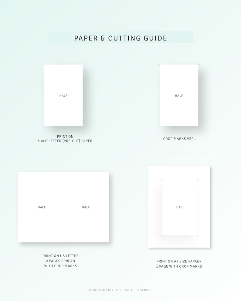 Pode incluir: Um guia para imprimir e cortar papel. O guia mostra como imprimir em papel meio-carta (pr&eacute;-cortado), papel carta dos EUA e papel A4. O guia tamb&eacute;m mostra como recortar o papel para diferentes tamanhos.