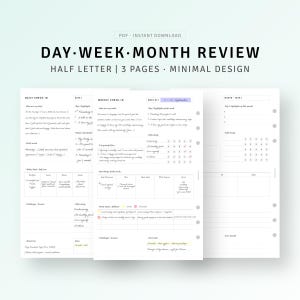 Daglig veckovis månadsöversikt Utskrivbara halvbrevsinlägg, daglig reflektion veckovis sammanfattningsmall, månatlig incheckning (PDF-nedladdning)