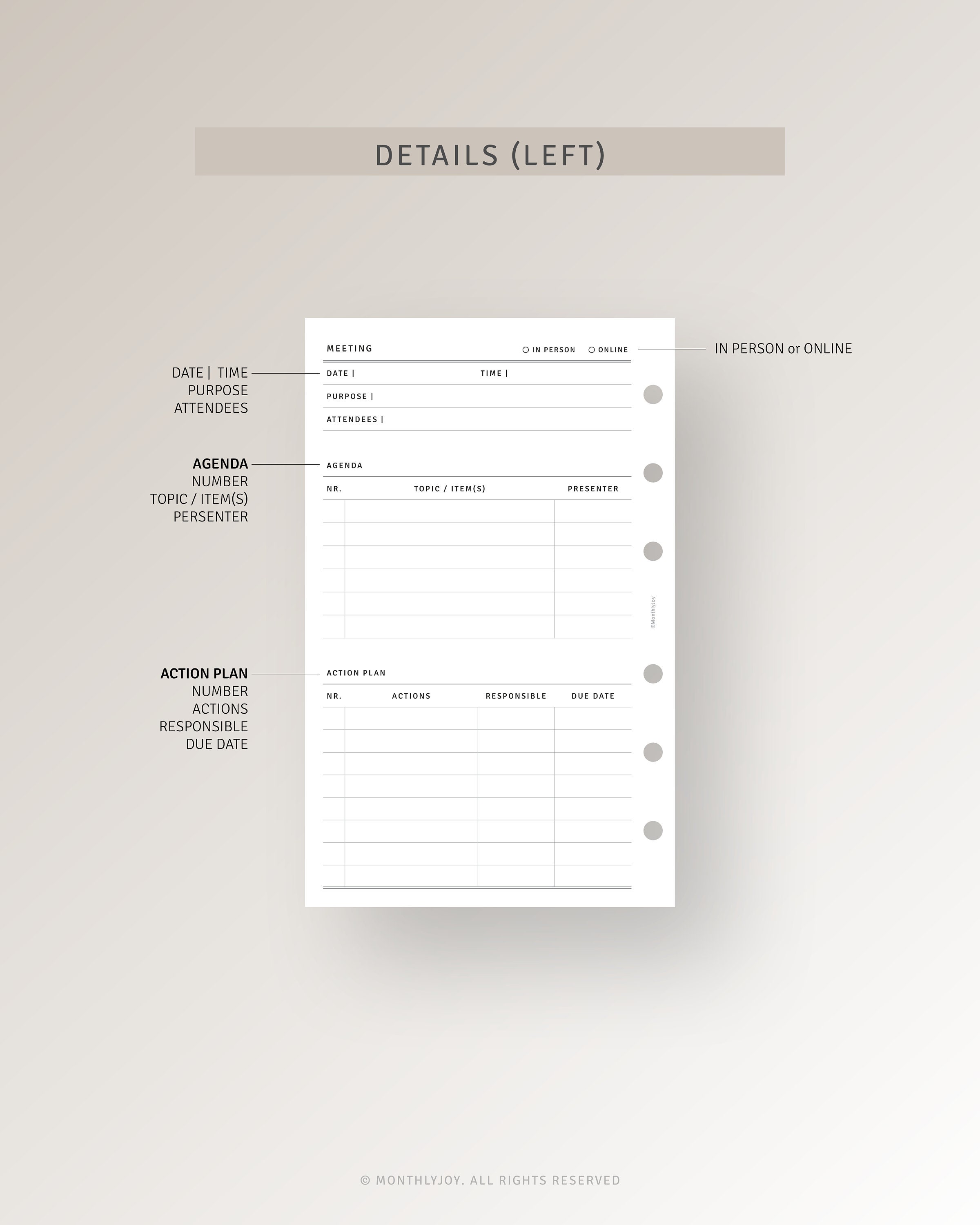 Meeting Notes Template Printable Work Planner for Business, Meeting ...