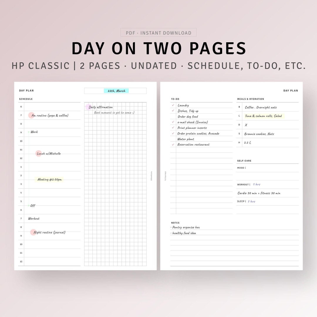 HP Classic, Simple Daily Planner Printable Day on 2 Pages, to Do List ...