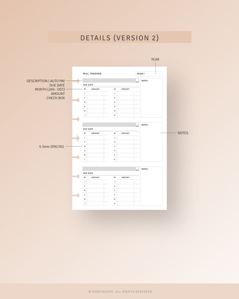 Bill Calendar Printable HP Mini Inserts, Yearly Spending Log Template ...