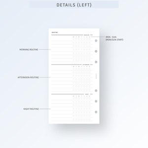 May include: A black and white printable planner page with a routine tracker. The page is divided into three sections: morning, afternoon, and night. Each section has a grid of circles for tracking habits or tasks. The page also includes the text "ROUTINE" and "MON-SUN (MON/SUN START)".