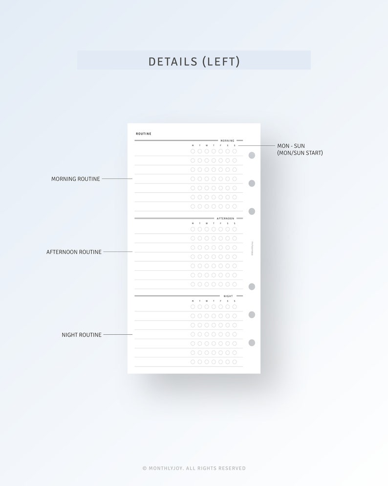 May include: A black and white printable planner page with a routine tracker. The page is divided into three sections: morning, afternoon, and night. Each section has a grid of circles for tracking habits or tasks. The page also includes the text "ROUTINE" and "MON-SUN (MON/SUN START)".