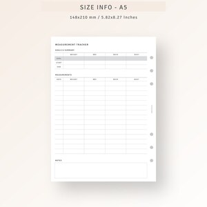 May include: A printable measurement tracker in A5 size, 5.82 by 8.27 inches, with sections for goals and summary, measurements, and notes. The tracker includes columns for date, weight, BMI, neck, and bust.