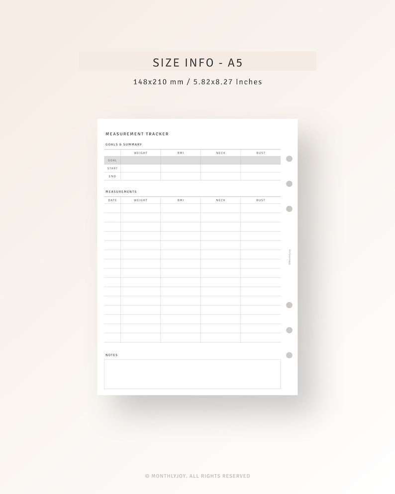 May include: A printable measurement tracker in A5 size, 5.82 by 8.27 inches, with sections for goals and summary, measurements, and notes. The tracker includes columns for date, weight, BMI, neck, and bust.