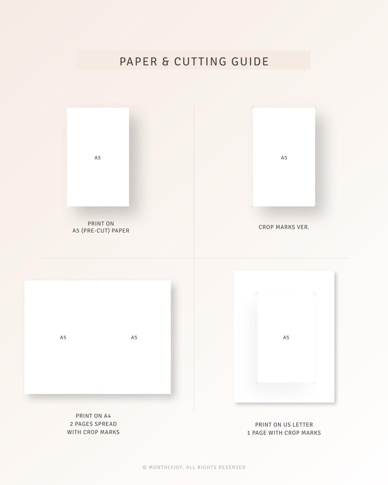 Puede incluir: Una gu&iacute;a para imprimir y cortar papel para una agenda imprimible. La gu&iacute;a muestra c&oacute;mo imprimir en papel A5, A4 y US Letter. La gu&iacute;a tambi&eacute;n muestra c&oacute;mo recortar las p&aacute;ginas para un aspecto limpio.