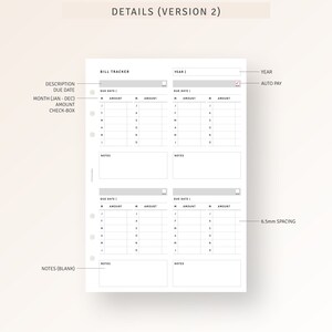 May include: A printable bill tracker planner page with sections for description, due date, month, amount, check-box, year, and notes. The page is designed for organizing and tracking bills.