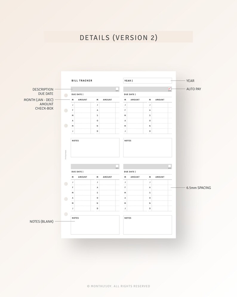 May include: A printable bill tracker planner page with sections for description, due date, month, amount, check-box, year, and notes. The page is designed for organizing and tracking bills.
