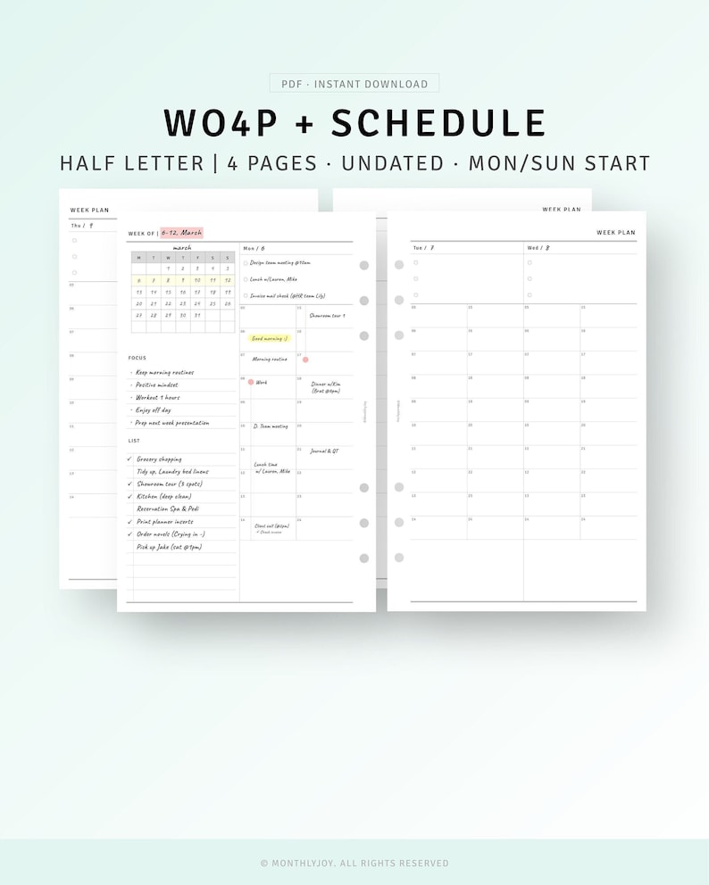 Week on 4 Pages Printable Half Letter Inserts, Undated Weekly Schedule ...