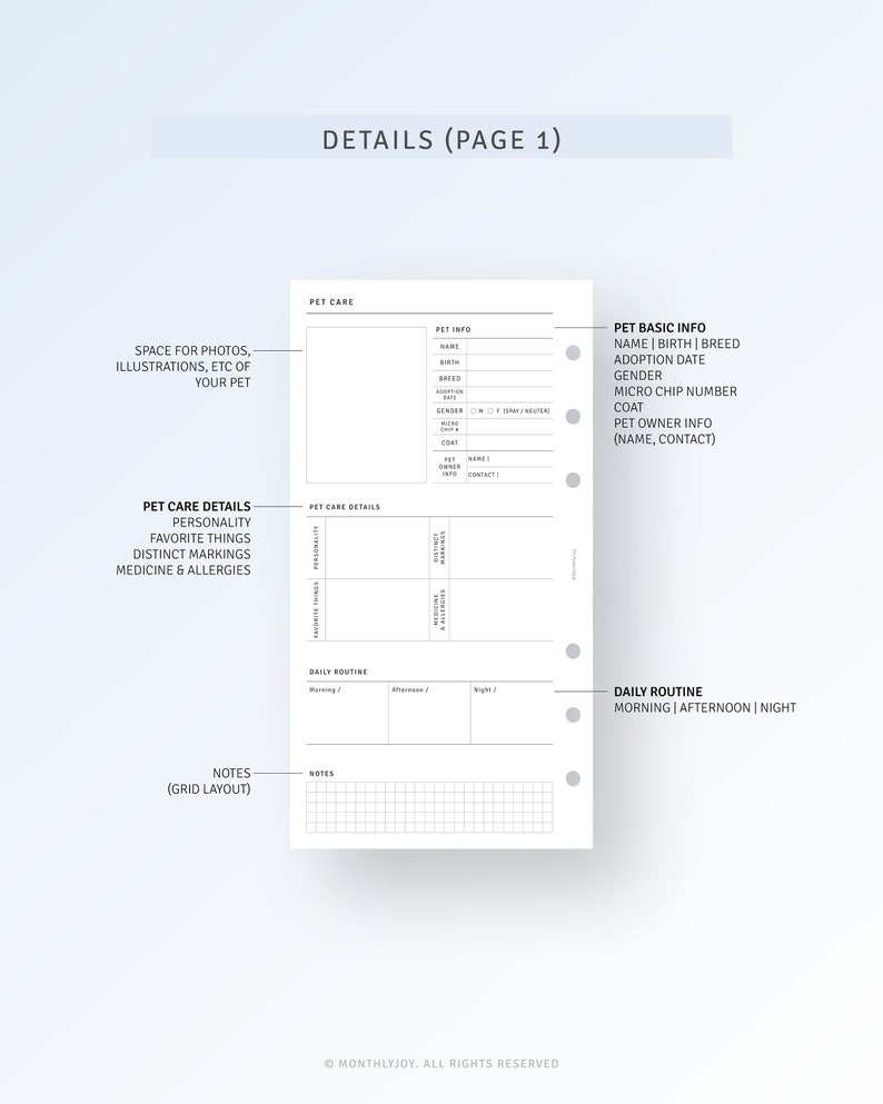 May include: A printable planner page designed for pet owners. The page includes sections for basic pet information, pet care details, daily routine, and notes. The page is designed to be used in a disc-bound planner.
