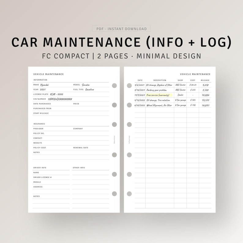 Car Maintenance Log FC Compact Inserts Printable Vehicle Service ...