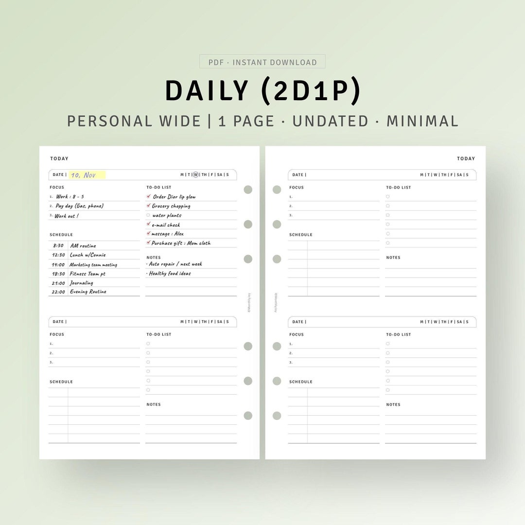 Daily Planner Printable Personal Wide Inserts, 2 Days on 1 Page, to Do ...