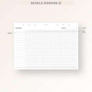 May include: A black and white habit tracker with the words "TRACKERS" and "HABITS" at the top. The tracker is divided into 31 days, with a circle for each day. The words "MONTH 1" and "MONTH" are at the top of the tracker.