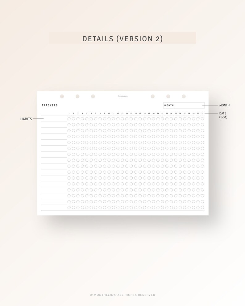 May include: A black and white habit tracker with the words "TRACKERS" and "HABITS" at the top. The tracker is divided into 31 days, with a circle for each day. The words "MONTH 1" and "MONTH" are at the top of the tracker.