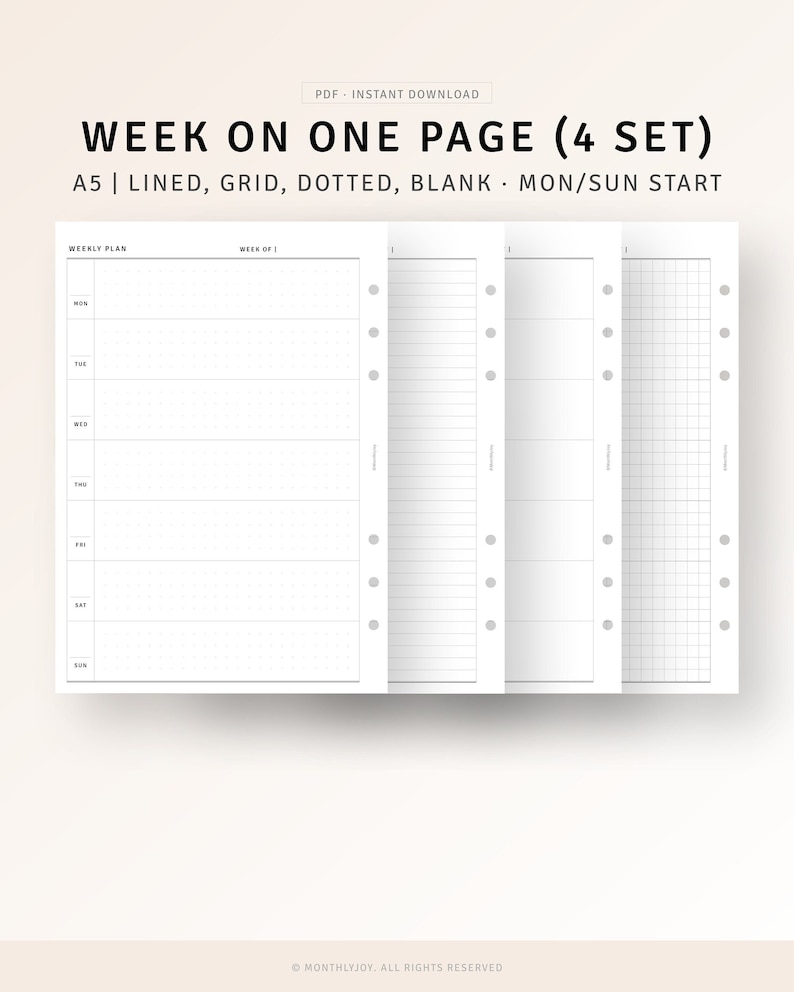 A5 Size, Week on One Page Printable Undated Weekly Planner PDF Template ...