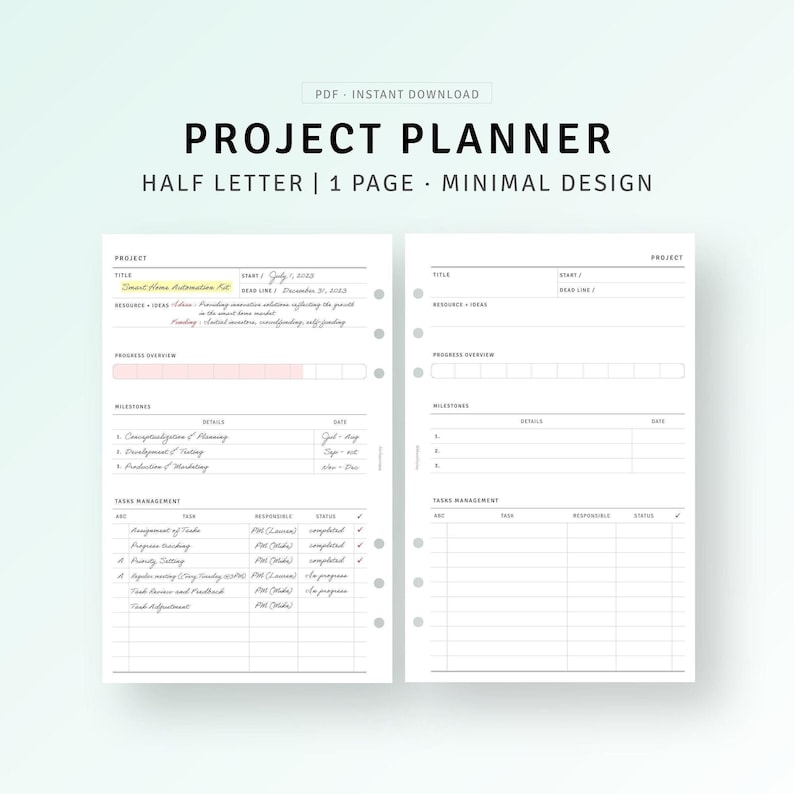 Project Tracker Template Half-letter Printable Inserts, Task Management ...