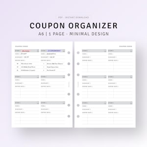 May include: A6 coupon organiser with a minimal design. The PDF instant download includes two pages with sections for store names, coupon codes, discounts, and expiry dates. The text "COUPON ORGANIZER" is at the top.
