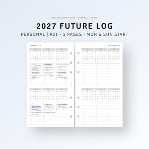 May include: A 2027 future log planner insert featuring two pages with monthly calendars and lined sections for notes. The layout includes headers for January through December, with space for personal scheduling and handwritten entries in black ink.