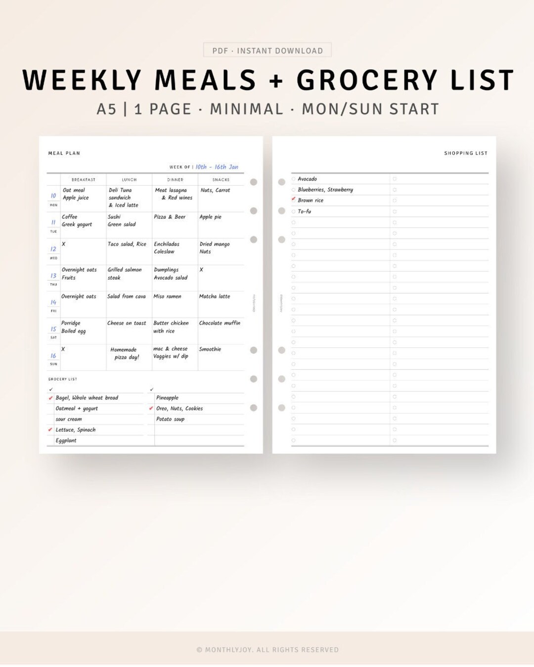 Meal Planner Printable A5 Planner Inserts, Weekly Food Diary Sheet ...