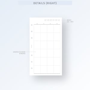 May include: A blank, undated calendar planner with six weeks, a month section for July to December, and a "Details (Right)" heading. The planner is designed for a personal organizer.