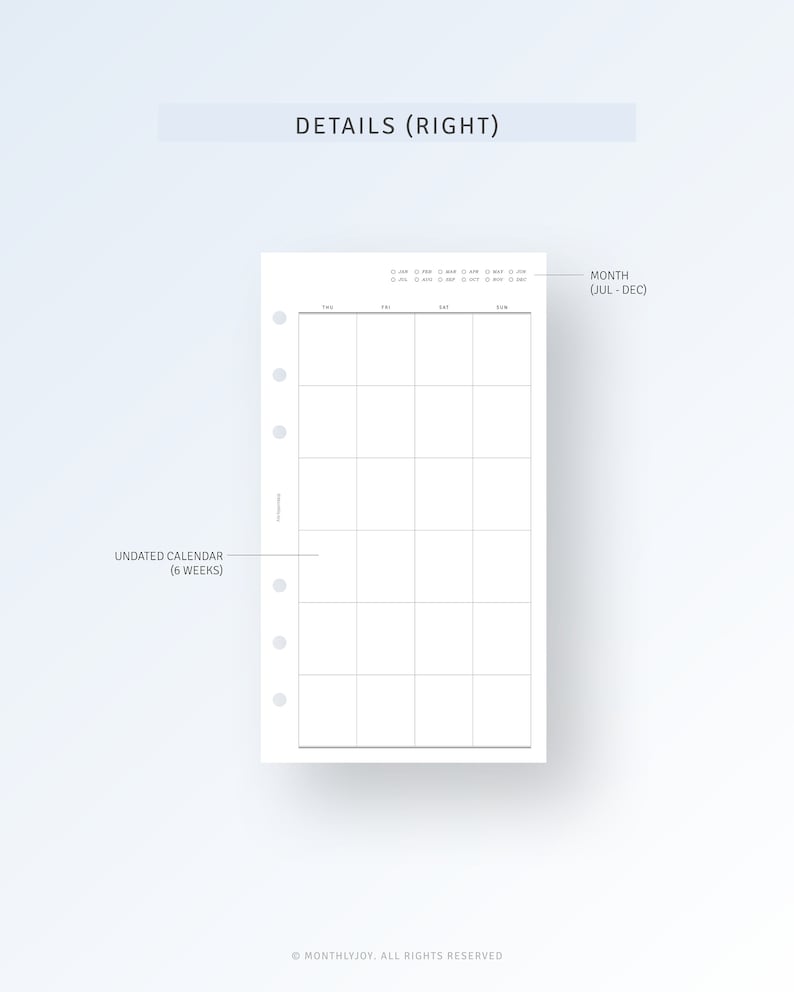 May include: A blank, undated calendar planner with six weeks, a month section for July to December, and a "Details (Right)" heading. The planner is designed for a personal organizer.