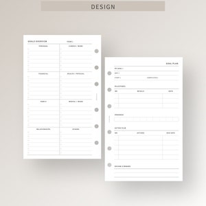 May include: A printable goal planner with a black and white design. The planner includes sections for personal, financial, family, relationships, career, health, mental, and other goals. It also includes a goal plan section with space for milestones, details, and dates.
