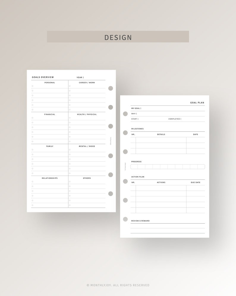 May include: A printable goal planner with a black and white design. The planner includes sections for personal, financial, family, relationships, career, health, mental, and other goals. It also includes a goal plan section with space for milestones, details, and dates.
