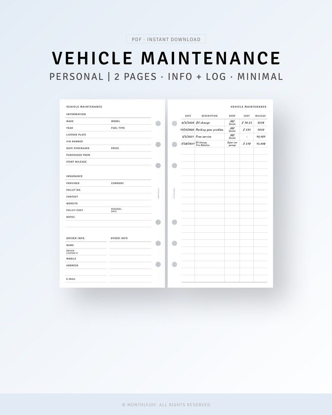 Personal, Car Maintenance Log Printable Inserts, Car Repair List ...