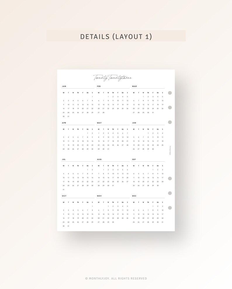 2023 Calendar Printable A5 Inserts Yearly Overview 2023 Etsy Canada