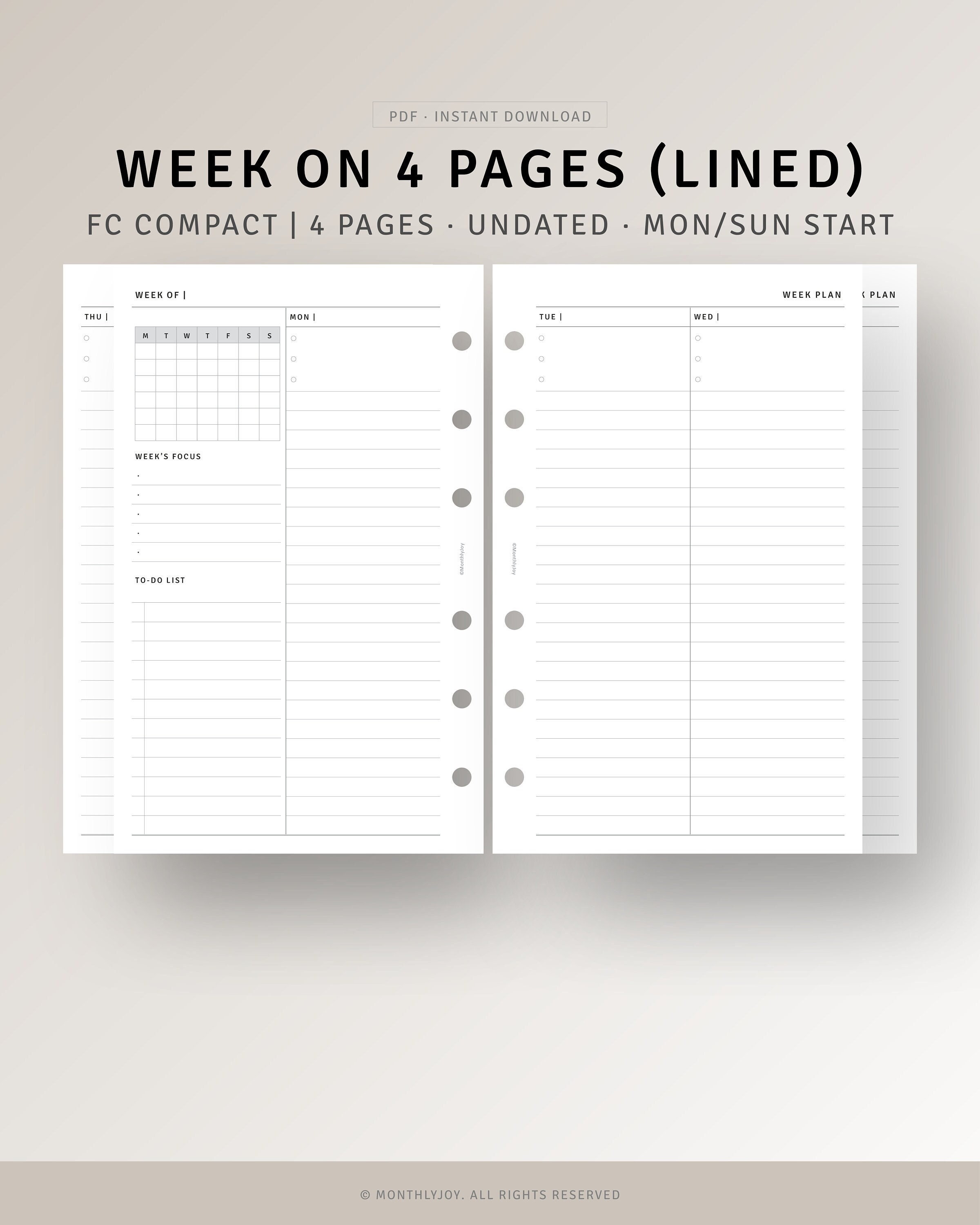 Week on 4 Pages With Calendar Printable FC Compact Inserts, Undated ...