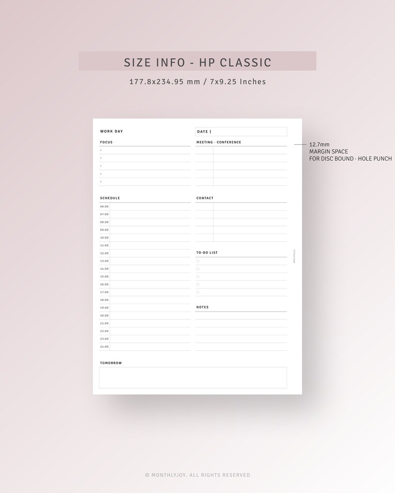 Daily Work Planner Printable HP Classic Inserts, Personal Schedule ...