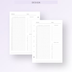 May include: Two blank printable planner pages with a grid layout for tracking periods and monthly notes. The pages are designed for use with a disc bound planner.