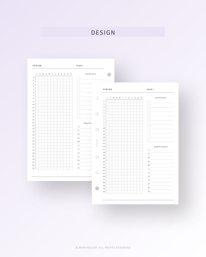 May include: Two blank printable planner pages with a grid layout for tracking periods and monthly notes. The pages are designed for use with a disc bound planner.